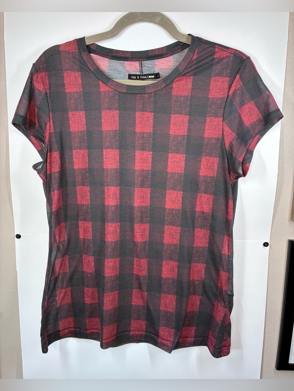 Rag & Bone JEAN Red Black Buffalo Plaid Semi Sheer Tee Women's Large